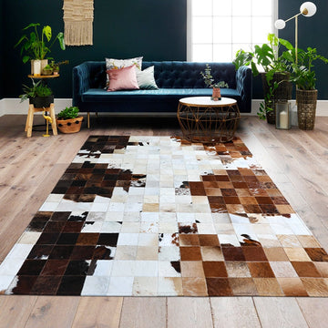 Cowhide Patchwork Area Rug - 100% Natural Hair on Leather Carpet - Cow Hide Leather Home Décor Rug (BLCPR15)