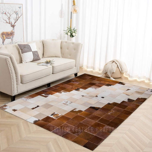 Cowhide Patchwork Area Rug - 100% Natural Hair on Leather Carpet - Cow Hide Leather Home Décor Rug (BLCPR45)