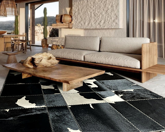 Cowhide Patchwork Area Rug - 100% Natural Hair on Leather Carpet - Cow Hide Leather Home Décor Rug (BLCPR51)
