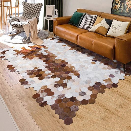 Cowhide Patchwork Area Rug - 100% Natural Hair on Leather Carpet - Cow Hide Leather Home Décor Rug (BLCPR48)
