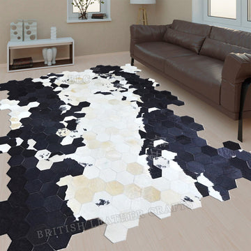 Cowhide Patchwork Area Rug - 100% Natural Hair on Leather Carpet - Cow Hide Leather Home Décor Rug (BLCPR37)