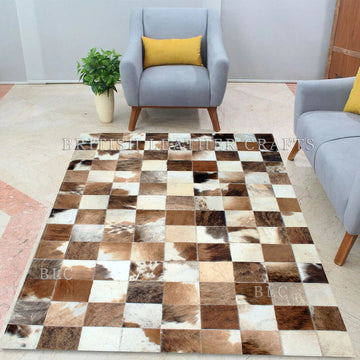 Cowhide Patchwork Area Rug - 100% Natural Hair on Leather Carpet - Cow Hide Leather Home Décor Rug (BLCPR34)