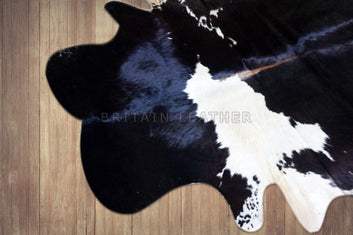 Natural Black White Cowhide Area Rug - Real Hair on Cow hide Leather Rug - Soft Smooth Cow Skin Fur Rug ( 53
