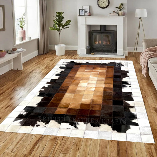Cowhide Patchwork Area Rug - 100% Natural Hair on Leather Carpet - Cow Hide Leather Home Décor Rug (BLCPR49)