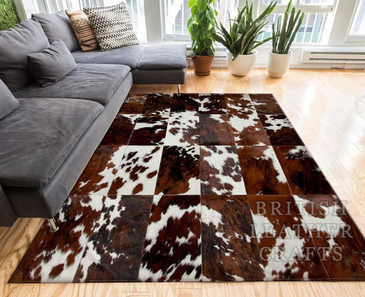 Cowhide Patchwork Area Rug - 100% Natural Hair on Leather Carpet - Cow Hide Leather Home Décor Rug (BLCPR39)