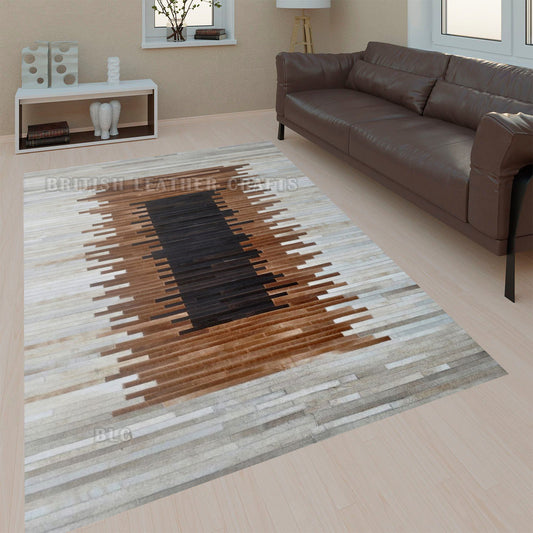 Cowhide Patchwork Area Rug - 100% Natural Hair on Leather Carpet - Cow Hide Leather Home Décor Rug (BLCPR68)