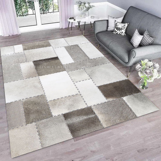 Cowhide Patchwork Area Rug - 100% Natural Hair on Leather Carpet - Cow Hide Leather Home Décor Rug (BLCPR55)