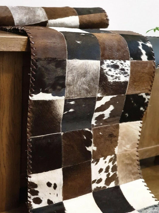 Cowhide Table Runner - Hair on Leather Patchwork Leather Table Top - Table Decor - Table Mat - BLCTR01