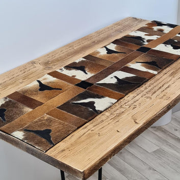 Cowhide Table Runner - Hair on Leather Patchwork Leather Table Top - Table Decor - Table Mat - BLCTR05