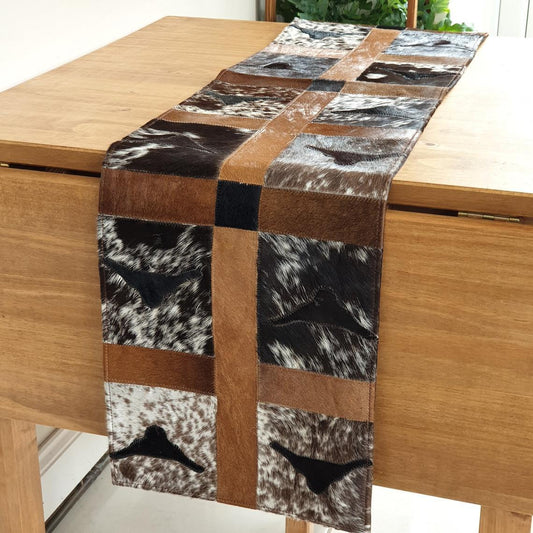 Cowhide Table Runner - Hair on Leather Patchwork Leather Table Top - Table Decor - Table Mat - BLCTR08