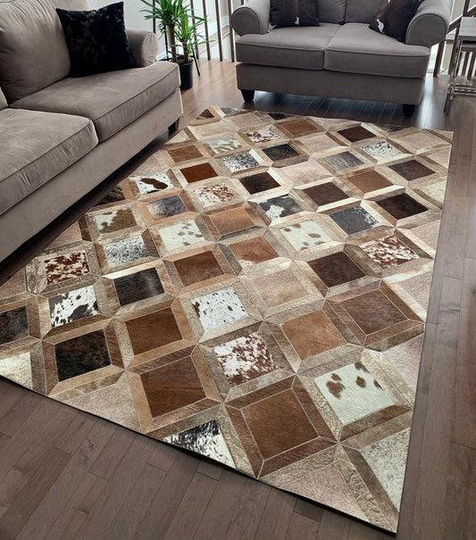 Cowhide Patchwork Area Rug - 100% Natural Hair on Leather Carpet - Cow Hide Leather Home Décor Rug (BLCPR17)