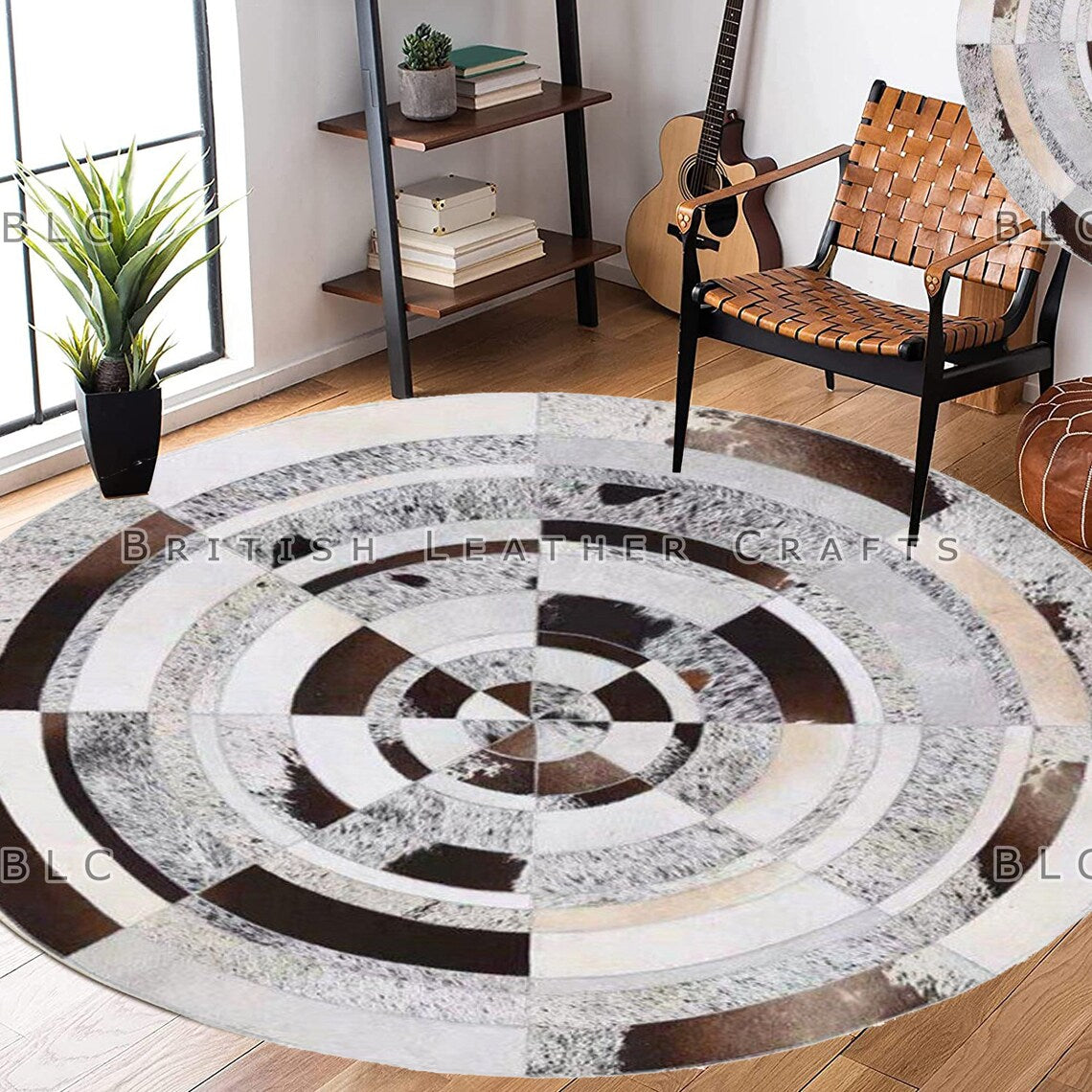 Cowhide Patchwork Area Rug - 100% Natural Hair on Leather Carpet - Cow Hide Leather Home Décor Rug (BLCPR109)
