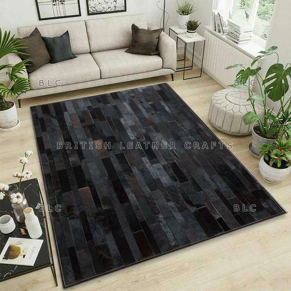 Cowhide Patchwork Area Rug - 100% Natural Hair on Leather Carpet - Cow Hide Leather Home Décor Rug (BLCPR29)