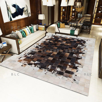 Cowhide Patchwork Area Rug - 100% Natural Hair on Leather Carpet - Cow Hide Leather Home Décor Rug (BLCPR24)