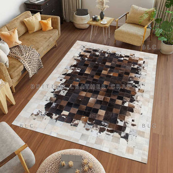 Cowhide Patchwork Area Rug - 100% Natural Hair on Leather Carpet - Cow Hide Leather Home Décor Rug (BLCPR24)