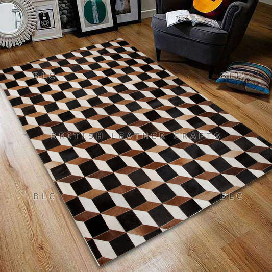 Cowhide Patchwork Area Rug - 100% Natural Hair on Leather Carpet - Cow Hide Leather Home Décor Rug (BLCPR2)