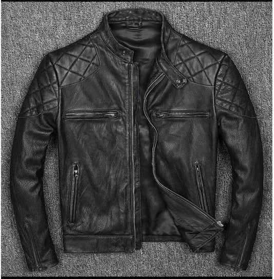 Men's Motorcycle Dimond Quilted Black Sheepskin Biker Leather Jacket | Men Slim Fit Custom Made Cafe Racer Motorcycle Leather Jacket