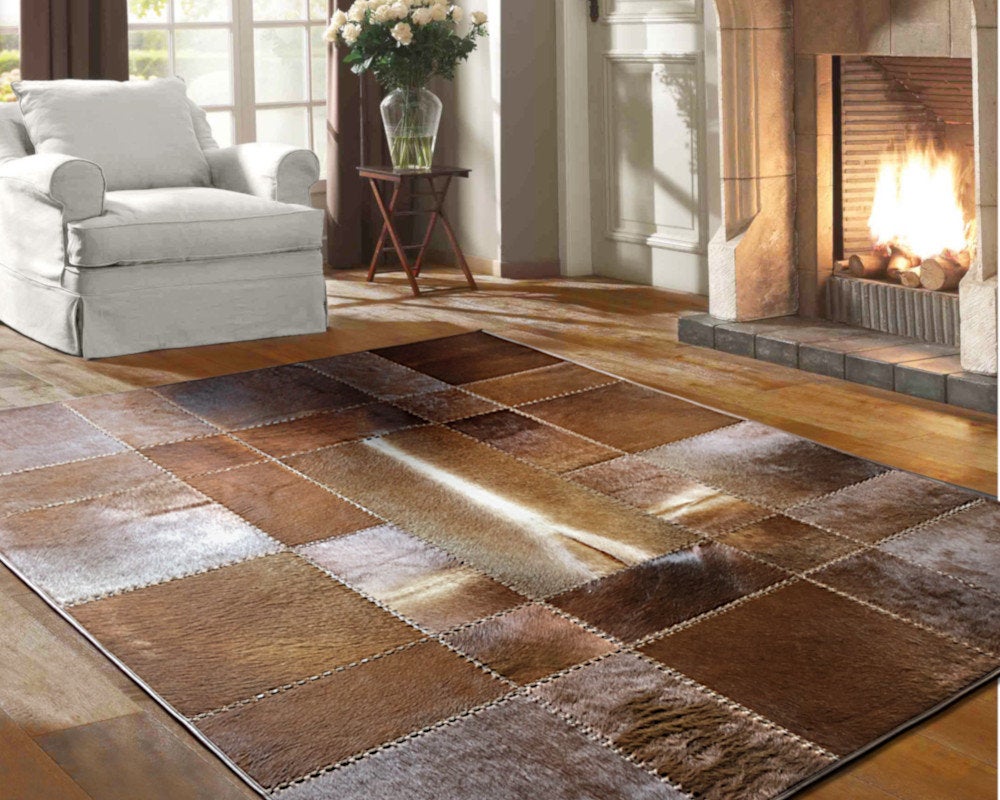 Cowhide Patchwork Area Rug - 100% Natural Hair on Leather Carpet - Cow Hide Leather Home Décor Rug (BLCPR31)