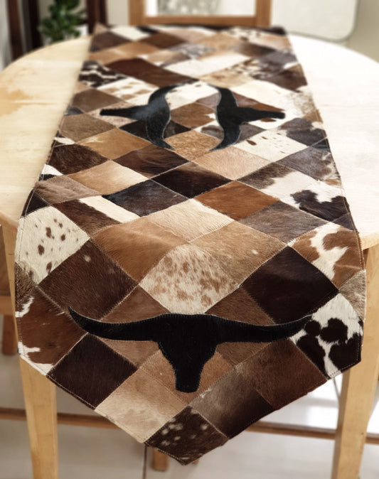 Cowhide Table Runner - Hair on Leather Patchwork Leather Table Top - Table Decor - Table Mat - BLCTR09